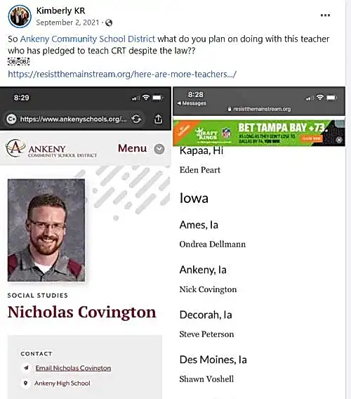 Social media post demanding firing of Nick Covington for allegedly teaching CRT