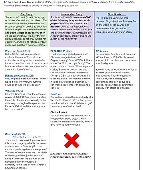 Student menu of activity options including descriptions of film-study questions