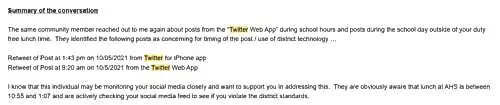 Email from building principal communicating concerns from a community member about social media posts