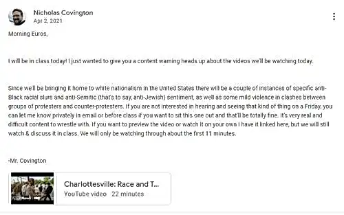 Google Classroom post explaining purpose of watching Charlottesville: Race and Terror