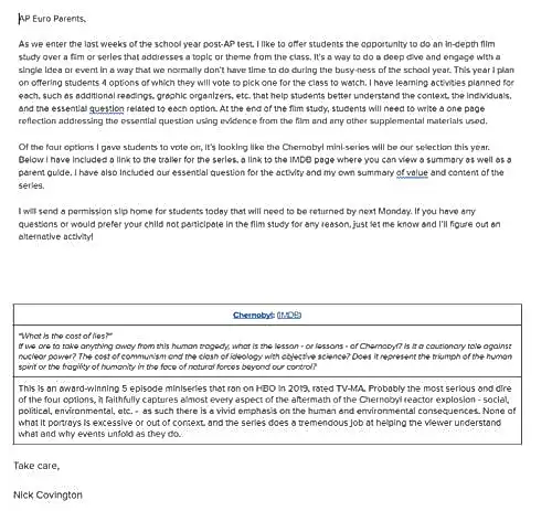 Email to parents outlining reason and purpose for viewing Chernobyl in European History course
