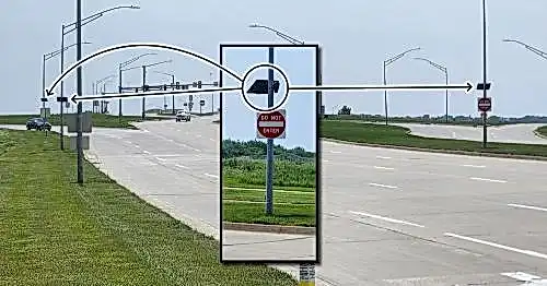 Roadside depicted, left foreground shows green grass along the curbside. Lots of street lamp and traffic signal poles are shown. In the center, an enhanced example of the median installed Flock ALPR system is inserted as a graphic overlay. Black arrows point out, one to the right, two to the left, identifying the ALPR systems installed in the road area.