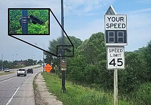 The side of a roadway is shown, in the foreground is an electronic vehicle speed notification sign along with a speed limit sign. Immediately behind is a street lamp pole with an attached Flock Falcon™ ALPR camera system, solar-powered.